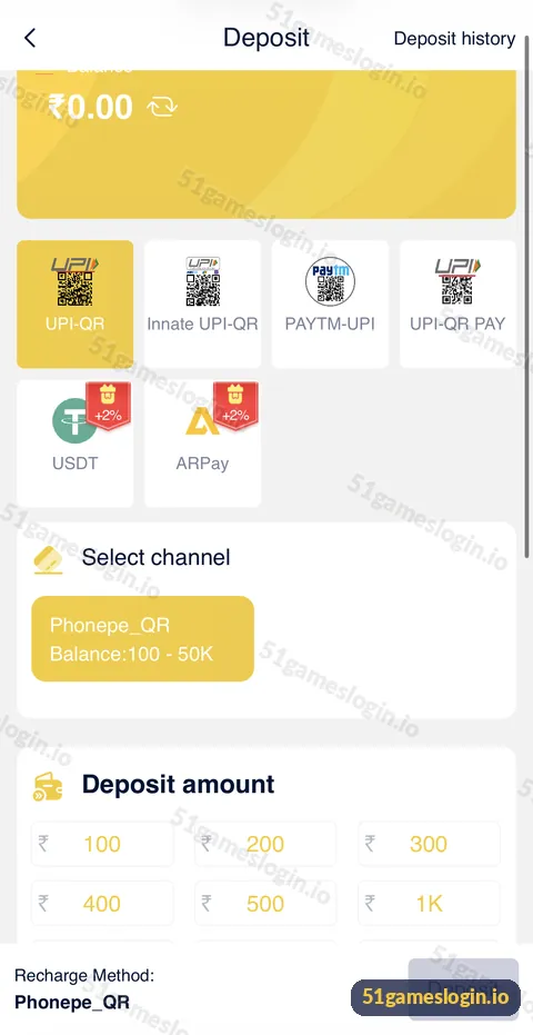 51 Game deposit page with six method tiles, PhonePe QR channel from 100 to 50K and quick deposit amounts