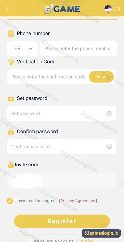 51 Game sign-up form showing where the Invite code box sits below the confirm password field