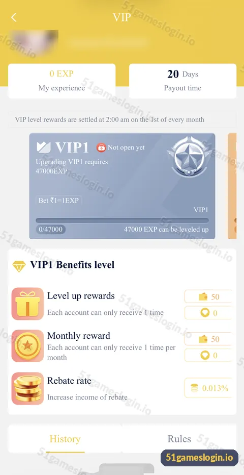 51 Game VIP page showing My experience, 20 days payout time, VIP1 card requiring 47000 EXP and VIP1 benefits